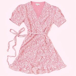 Dolls Kill Pink Ditsy Floral Wrap Mini Dress Ruffle Hem S Cottagecore Feminine
